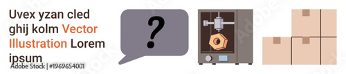 3D printing, manufacturing, logistics, technology, packaging, innovation. Question mark, 3D printer cardboard boxes. 3D printing and manufacturing concept for innovation and logistics solutions