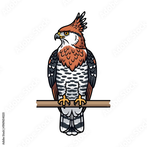 A stylized bird of prey with a distinctive crest sits on a perch