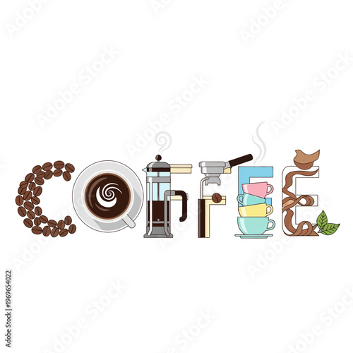 Coffee Word Art: Beans, Cup, French Press, Espresso Machine, Stacked Mugs
