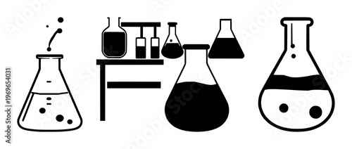 Lab beaker set with solid black icon on white background featuring chemical symbols, liquid, graduation marks with flask and solution