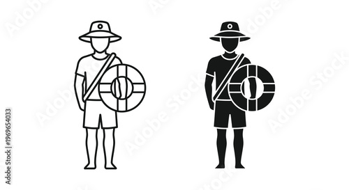 Two lifeguards with rescue equipment shown in stark black and white silhouette