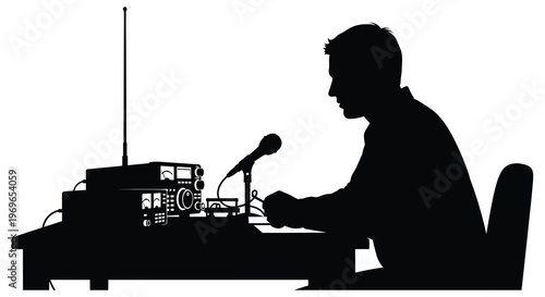 Radio operator communicating with equipment depicted as a striking silhouette