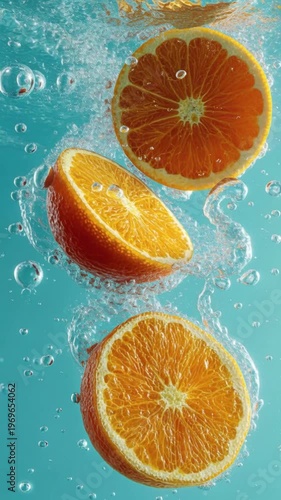 Close up of fresh orange slices floating in clear, sparkling water. Small bubbles rise around the juicy fruit, creating a vibrant, refreshing, and energetic visual. Captures pure citrus refreshment.