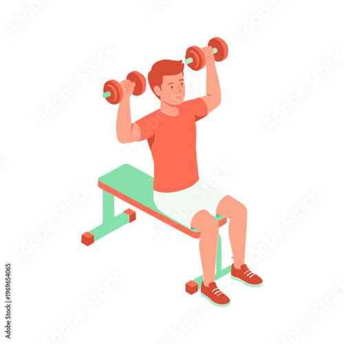 Man exercising with dumbbells on a bench in gym equipment