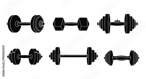 Black and white illustration of various dumbbell shapes and sizes for fitness