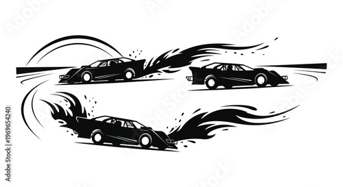 Racing cars in dynamic motion depicted with a striking black silhouette