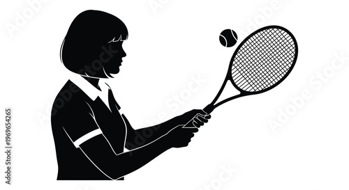 A female tennis player prepares to hit a ball striking silhouette