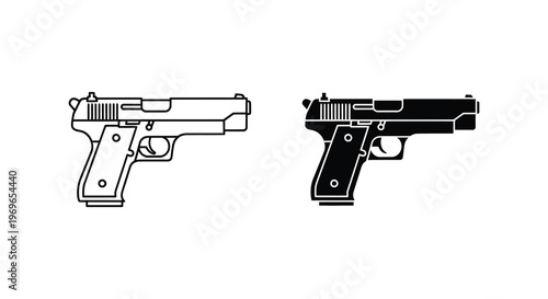 Two detailed handgun illustrations one light and one dark silhouette