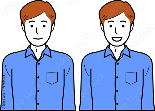 正面向き。腕をおろしたワイシャツを着た若い男性。
