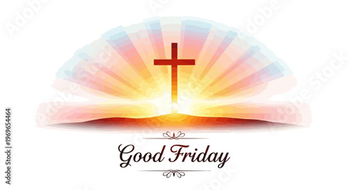 A vibrant Good Friday illustration featuring a radiant cross at sunrise with colorful rays on a white background, conveying a sacred day concept.