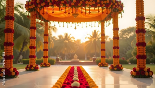 Maharashtrian traditional indian wedding stage decoration with marigold garlands