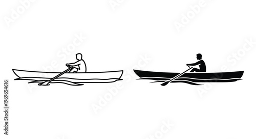 Two canoes with paddlers depicted in a stark black silhouette