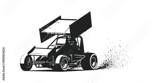 A black silhouette of a sprint car racing with dust dynamic action silhouette