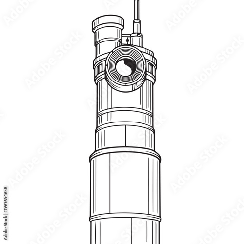 Detailed line drawing of a tall lighthouse tower with lantern room and railing.