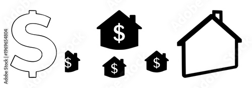Mortgage dollar icon set with solid black graphic on white background featuring mortgage, dollar sign, finance with iconography and currency