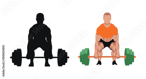 Weightlifter performing a deadlift exercise contrasting form and shadow silhouette