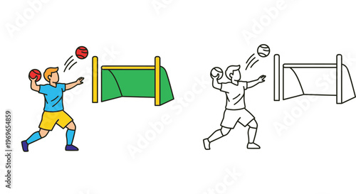 Handball Player Throwing Ball into Goal Illustration, Set of Colored and Outline Vector Icons for Sports Activity and Kids Coloring Book Page