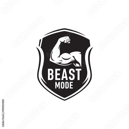 A black shield displays a muscular arm silhouette and beast mode text a powerful fitness emblem silhouette