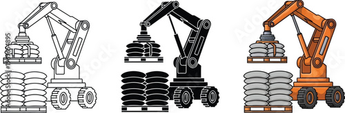 Set of industrial robotic arm illustrations lifting bags on pallets featuring flat design outline and silhouette styles for logistics and warehouse automation