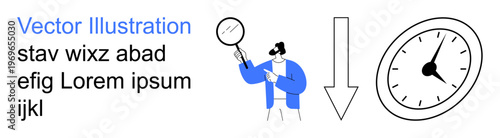 Time management, productivity tracking, business analysis, workflow optimization, research, and organization. Person holding magnifying glass, arrow and clock. Time management and productivity