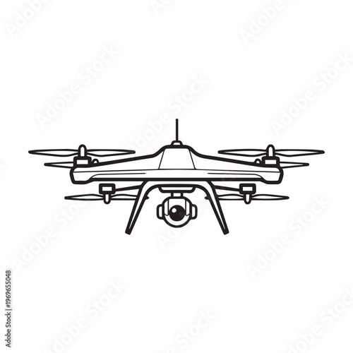 Front-facing line drawing of a quadcopter drone with camera and propellers.
