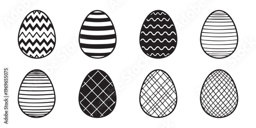 A collection of eight black and white patterned easter eggs in a simple arrangement silhouette