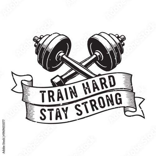 Vintage barbell weights with a motivational ribbon banner a striking black silhouette high quality professional detailed