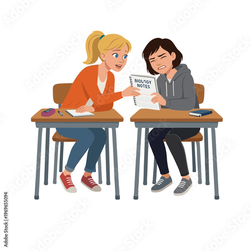 Two girls sitting at desks sharing a worksheet in classroom