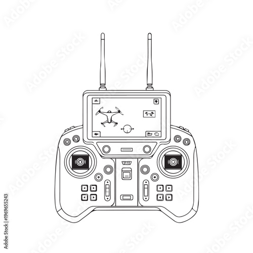 Sketch of a handheld drone controller with antenna, screen, and buttons.