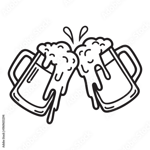 Two overflowing beer mugs clinking together in a cheerful toast depicted as a silhouette high quality