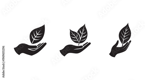 Black silhouettes of hands holding leaves on white background  eco friendly symbols
