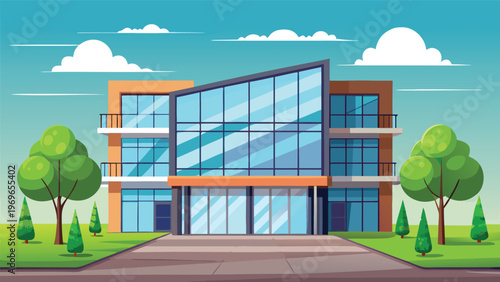 Modern building design with glass and natural elements in a city park setting during the daytime