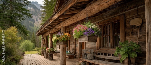 Colorful flower boxes on wooden cabin porch.