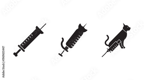 Black silhouettes of medical syringes and cats with needles for injections and medical treatments in animals  health care and veterinary medicine symbols
