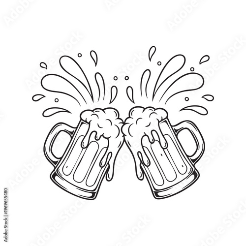 Two overflowing beer mugs clinking together in a celebratory toast a detailed black outline silhouette