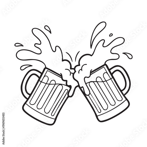 Two beer mugs clinking together in a celebratory toast creating a frothy splash silhouette high quality