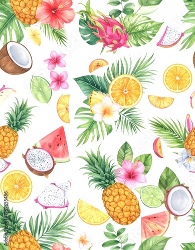 Watercolor Tropical Fruit and Floral Pattern with Pineapple, Dragon Fruit, and Hibiscus