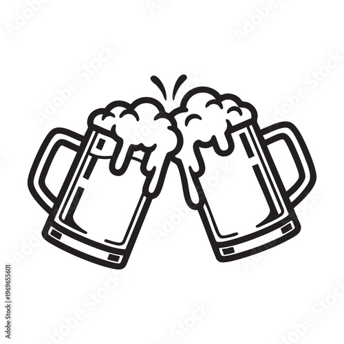 Two frothy beer mugs clink together in a celebratory toast depicted as a bold silhouette