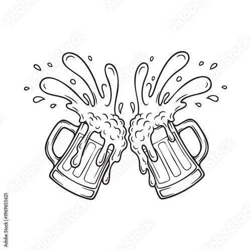 Two overflowing beer mugs clinking together in a celebratory toast a striking silhouette high quality professional