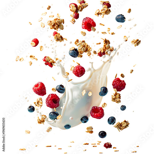 A splash of milk and cereal with raspberries and blueberries in mid-air isolated on white background,