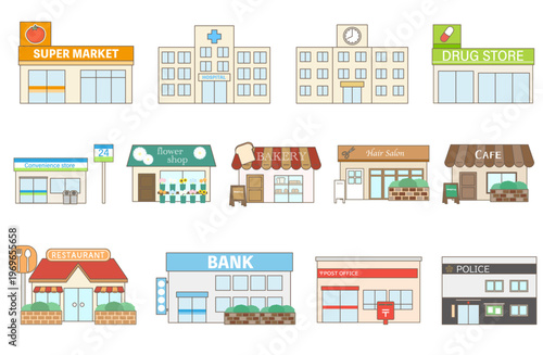 街中に存在する様々な店舗や施設の建物のイラストセット｜シンプルイラスト、フラットイラスト