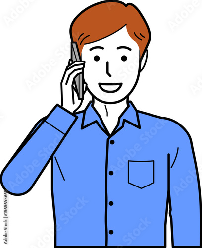 正面向き。スマホで電話するワイシャツを着た若い男性。