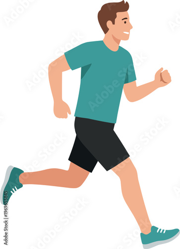 Man running quickly in a green shirt on the road outside