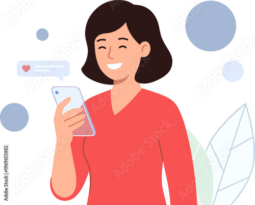 Woman smiling while messaging on her smartphone with chat bubbles around