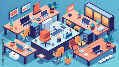 Team workspace with desks and computers showing details of office setup at midday