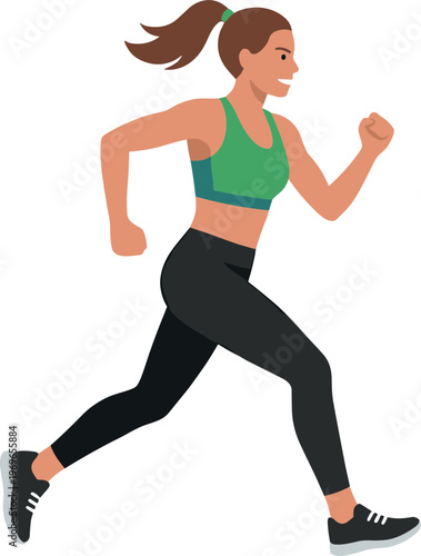 A woman in green sports bra and black leggings runs swiftly outdoors.