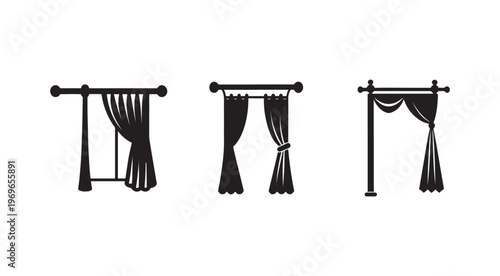 Black silhouettes of three different curtain styles on white background for graphic design  home decor  interior design elements