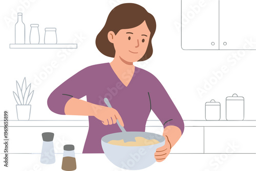 A woman mixes ingredients in a bowl on the kitchen counter preparing food