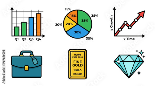 Business finance icons set with chart, graph, briefcase, gold, and diamond