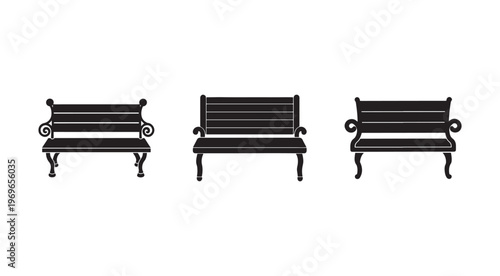 Black silhouettes of three different park benches with ornate metal legs and backrests  isolated on white background